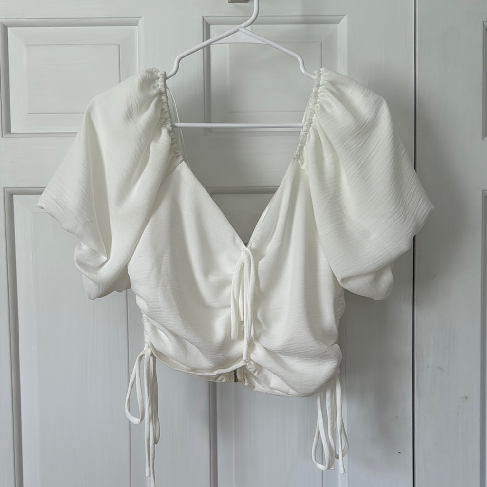 HYFVE Cream Ruched Tie Front Crop Blouse